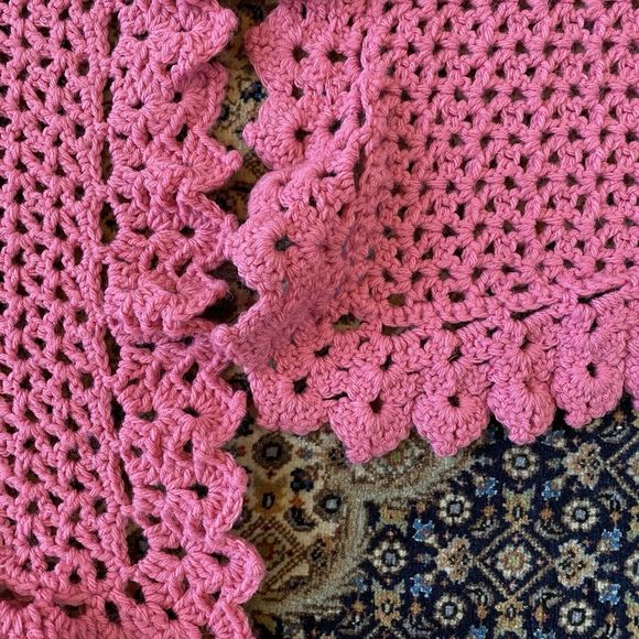Handmade Crochet Baby Blanket Pink & White 35” X 33” & Shoulder Crochet Burp Pad - Picture 6 of 6